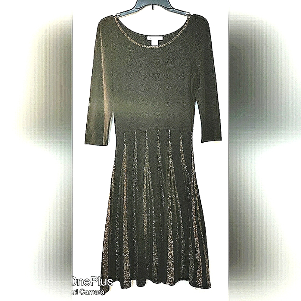 Liz Claiborne party black & gold kint Midi dress fit & flare for holidays size M